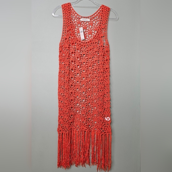 Blue Tassel Anthropologie Crochet Fringe Tank Tunic Coverup Dress, Tangerine, OS - Picture 7 of 11
